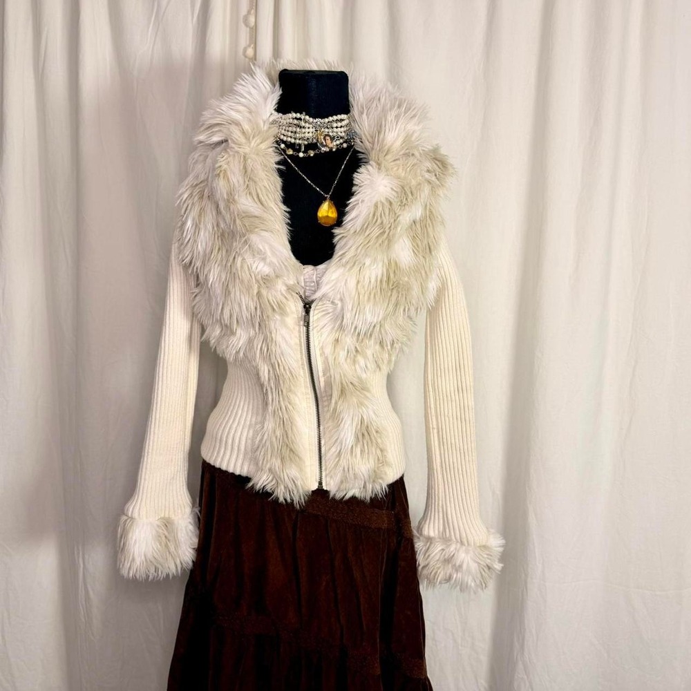 Arden B White Faux Fur Ribbed Knit Zip-Up Jacket Size S